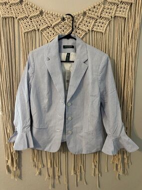 Ralph Lauren Light Blue and White Striped Blazer with Ruffle Cuffs